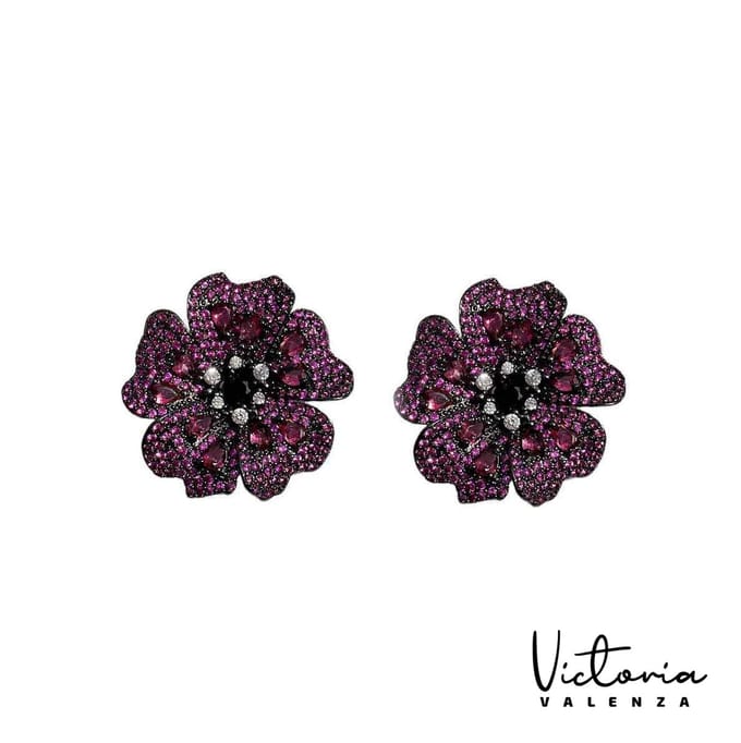 Victoria Valenza Fiore oorknoppen - Messing - Roze Steen - Zwart