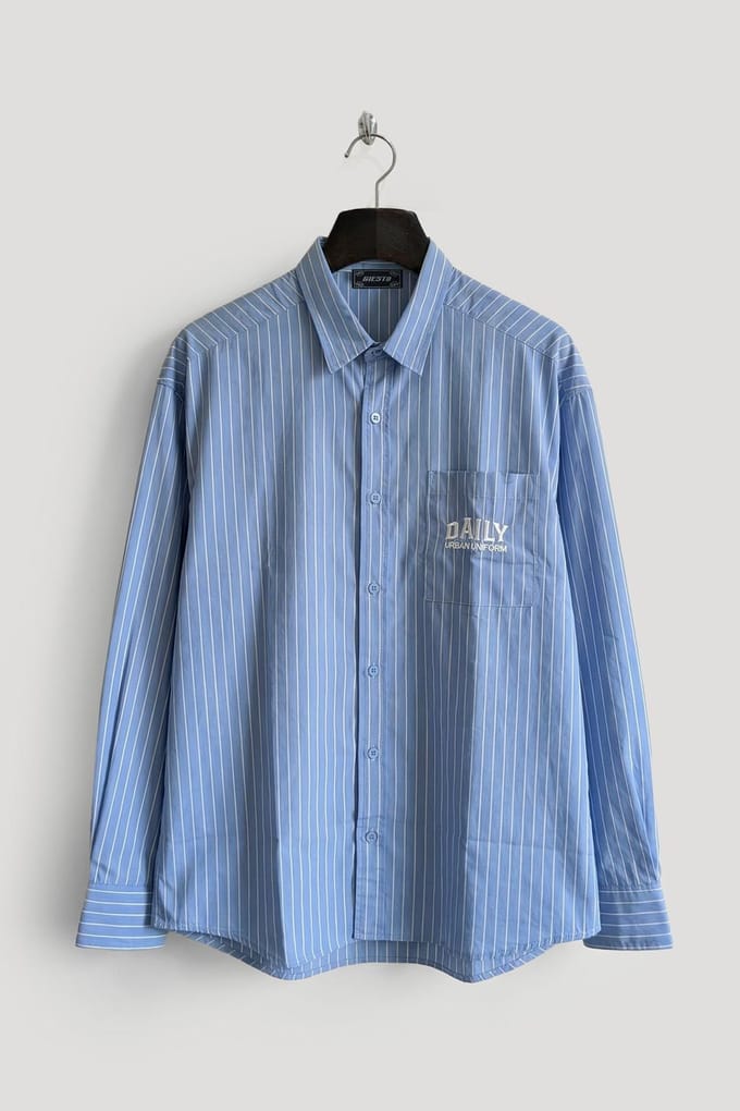 Heren Gestreepte Lange Mouwen Shirt met Borduursel