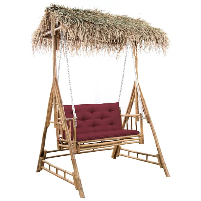 vidaXL - Schommelbank - 2-zits - met - palmbladeren - en - kussen - 202 - cm - bamboe