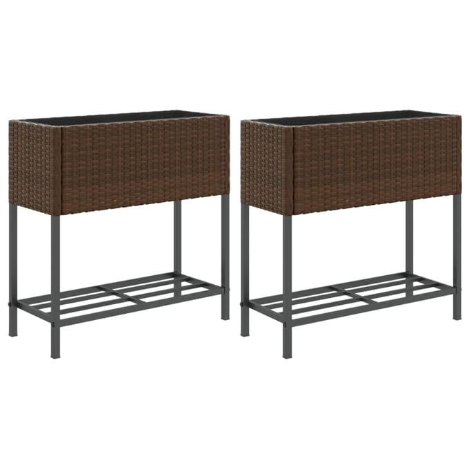 vidaXL - Plantenbakken - met - schap - 2 - st - 70x28x70 - poly - rattan - bruin