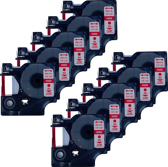 DULA Dymo D1 40912 Compatible label tape - 10 lettertapes - Rood op transparant - 9mm x 7m
