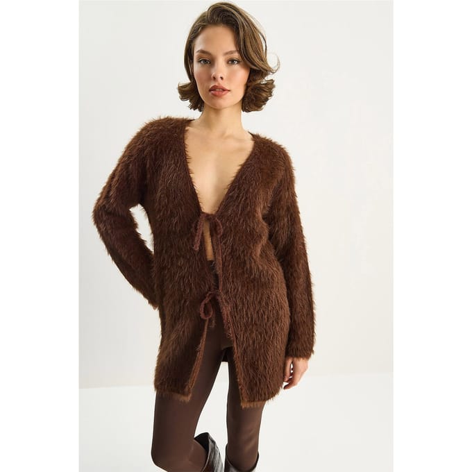 Gestructureerde V-hals Midi Cardigan met Striksluiting