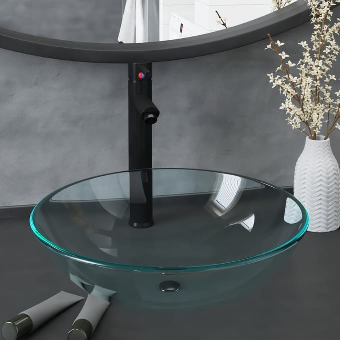 vidaXL - Wastafel - met - kraan - en - pop-up - afvoer - gehard - glas - transparant
