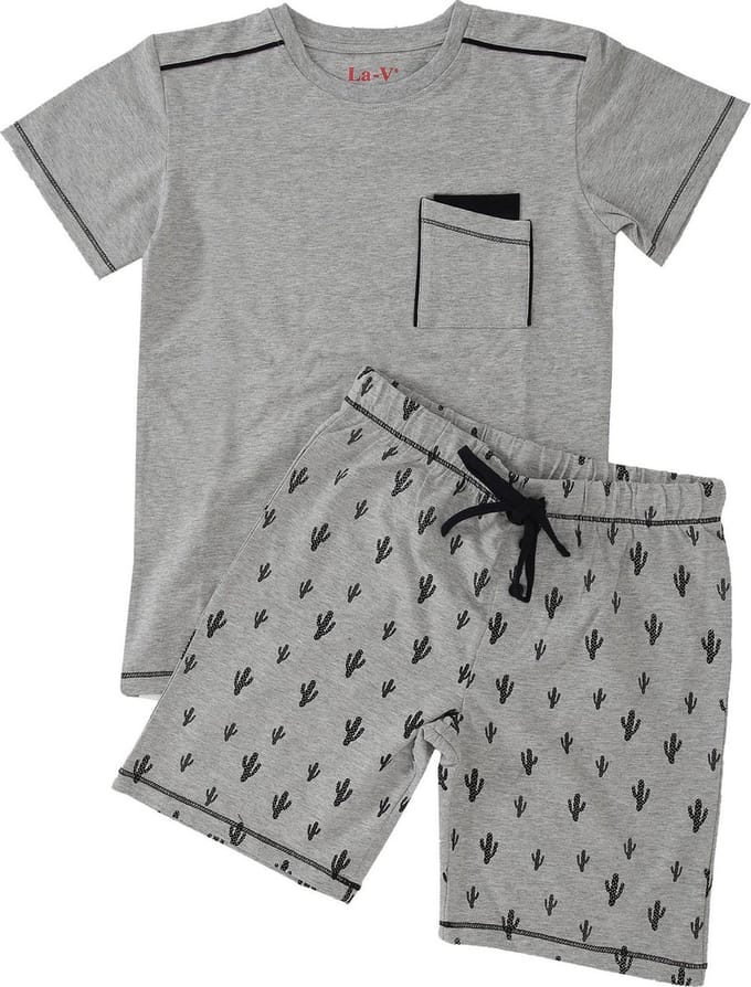 La V Shortama voor jongen- Grijs met cactus print 152-158