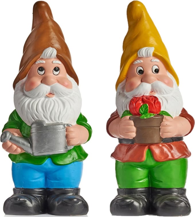 Tuinkabouter beeldjes - set van 2x - Keramiek - 38 cm - bruin/geel