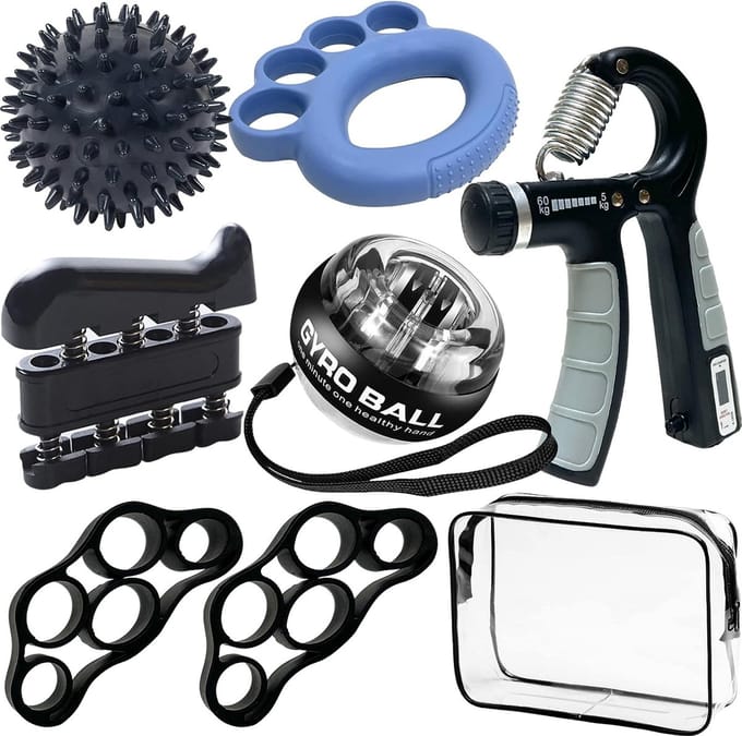 Handtrainer, onderarmtrainer, vingertrainer, set, anti-stress bal, handtrainingsapparaat, vingertracker, vingertraining, gyroscopische bal