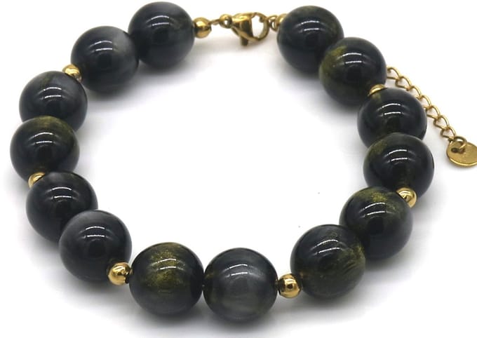 Armband - RVS en acryl kralen - zwart - dames