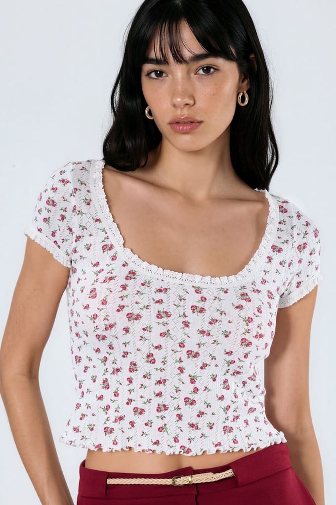 Bloemige U-hals Rimpelde Blouse