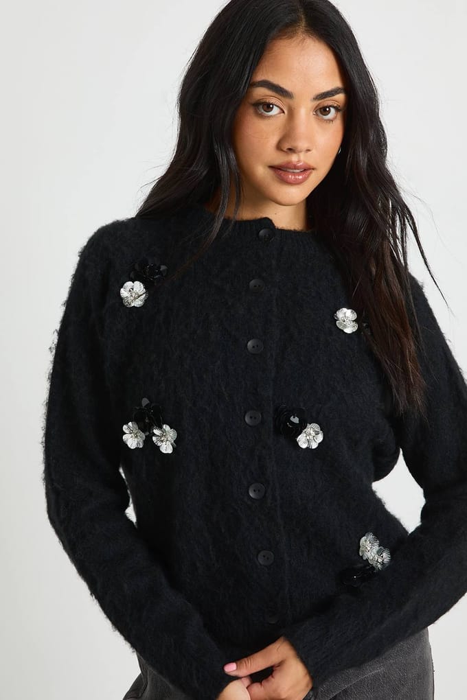 boohoo Dames Versierd Bloemdetail Geborsteld Gebreid Cardigan | Black | Maat: Medium
