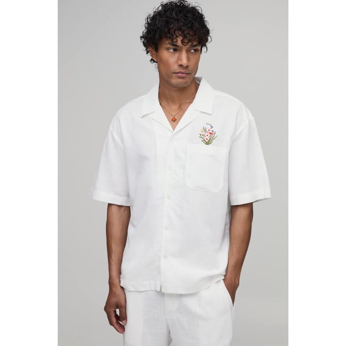 Oversized Linnen Blend Shirt Met Bloemenprint En Borstzak | White | Size Small