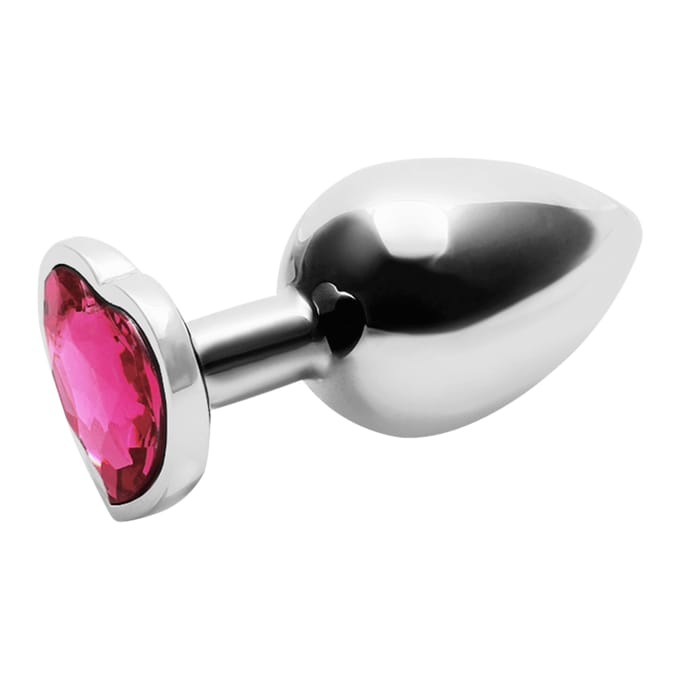 Shots - Ouch! OU800SIL - Heart Gem Butt Plug - Medium - Silver / Rubellite Pink