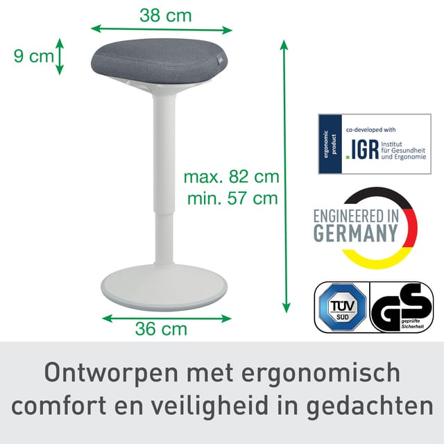 Leitz Ergo Active Zit Sta Kruk met Comfortzitting - Bureaukruk - Ergonomische Kruk - Grijs