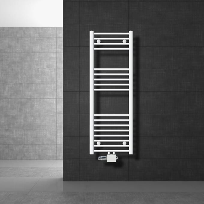 ECD Germany Badkamerradiator middenaansluiting 400 x 1200 mm wit recht met thermostaat en aansluitset universele hoek en rechte vorm wit - radiator handdoekverwarmer handdoekendroger