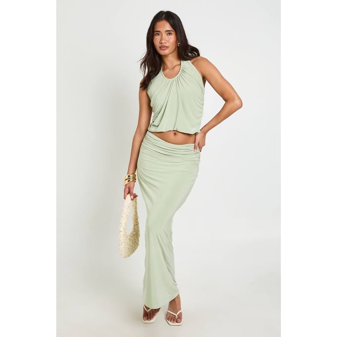boohoo Dames Maxi Rok Met Gerimpelde Tailleband | Sage | Maat: 16