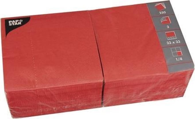 250 Servetten 3-laags 1/4 vouw 33 cm x 33 cm rood