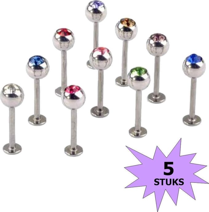 Fako Bijoux - Labret Piercing - Kristal - 4mm - Set - 5 Stuks