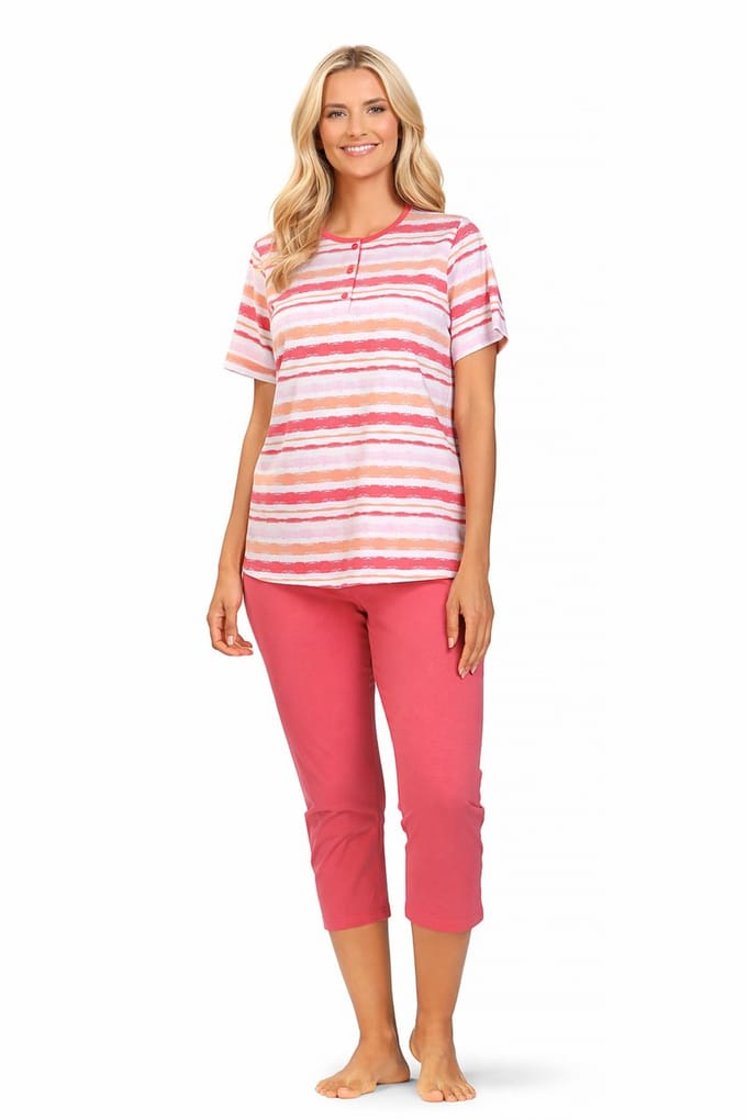 Comtessa Dames Pyjama – 7/8 Broek – Korte Mouw – Roze Gestreept – 100% Katoen - Maat 48