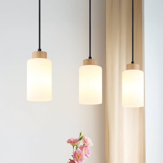 Globo Hanglamp Rowena, licht hout/wit, glas, 3-lamps, E27