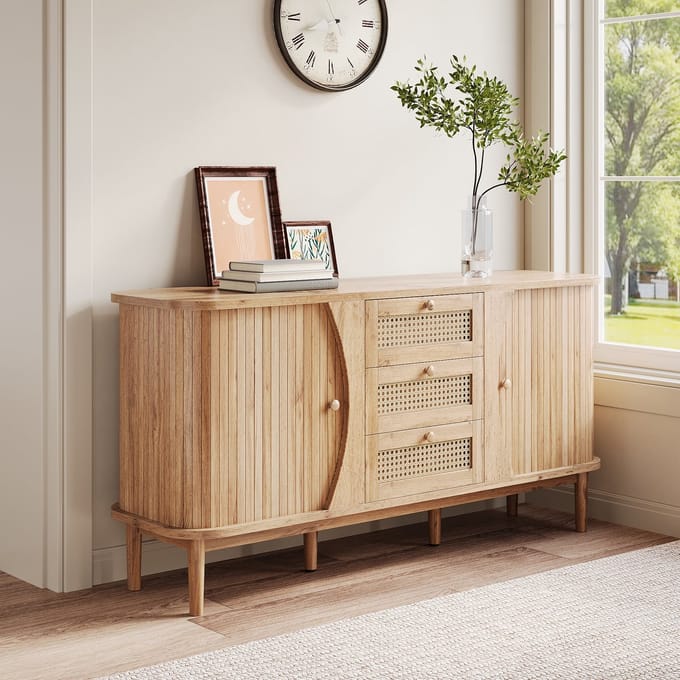 Sideboard - Rattan - Commode met Schuifdeuren - Verstelbare Planken en Afronding - Stijlvol en Functioneel