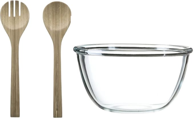 Luminarc Slakom/serveerschaal en bamboe slacouvert - Glas - D24 cm