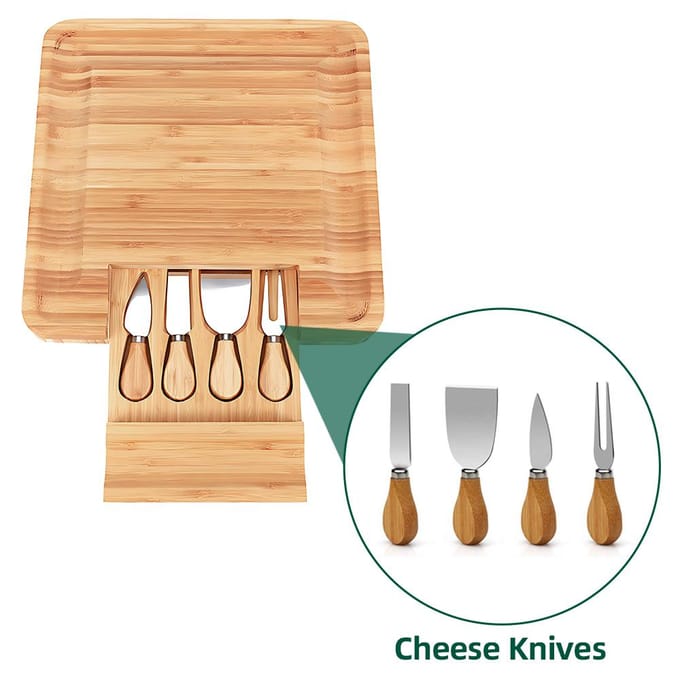 Charcuterie Planken Cadeauset met 4 Kaasmessen Grote Vierkante Bamboe Kaasplanken met Verborgen