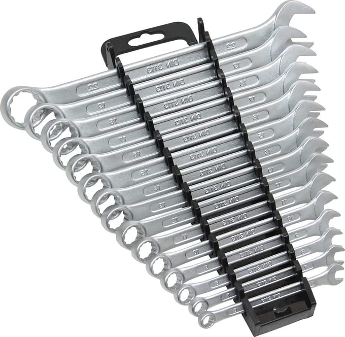 10355-15 ring spanner set - open-end spanner set in tool holder - 15-piece with 15 16 18 mm
