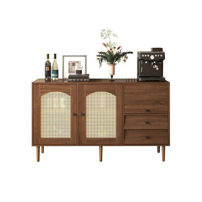 Buffet - MUVOE - 130 x 75,5 x 40 cm - Portes en rotin - Fermeture magnétique - Étagère réglable