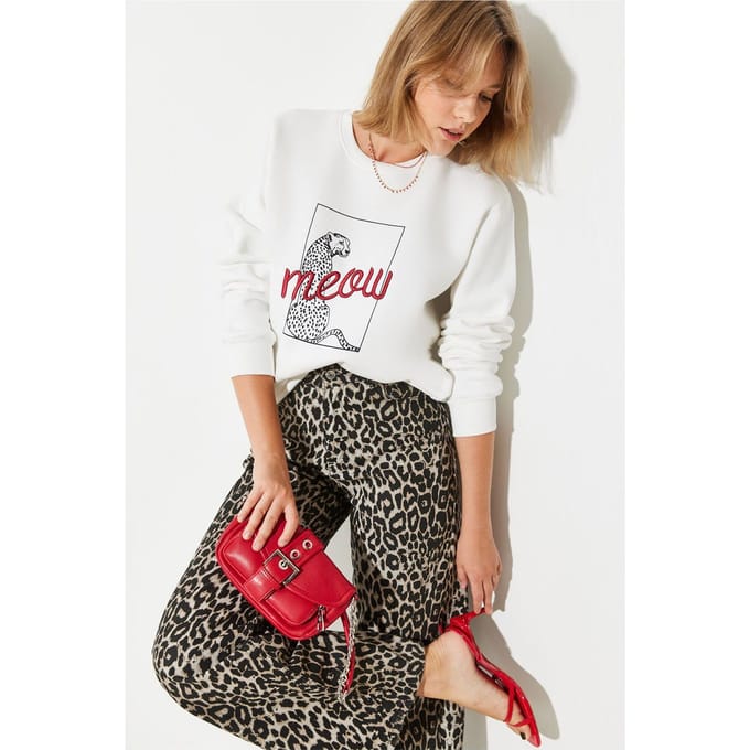 Leopardprint Geborduurd Rondhals Sweatshirt
