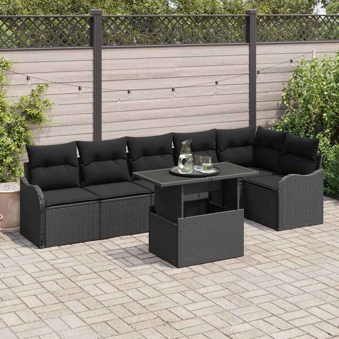 vidaXL Tuinbank Set met kussen met kussen 7 pcs Zwart Poly Riet