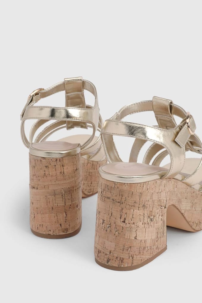 boohoo Dames Metallic Gladiator Kurk Sleehakken | Goud | Maat: 37