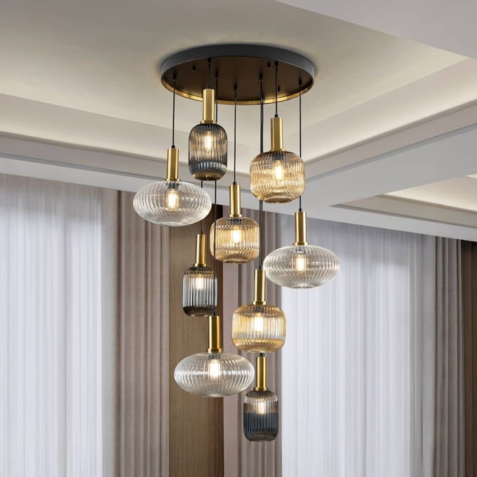 Schuller Valencia Hanglamp Norma, dimbaar, 9-lamps, afstandsbediening, zwart/messing