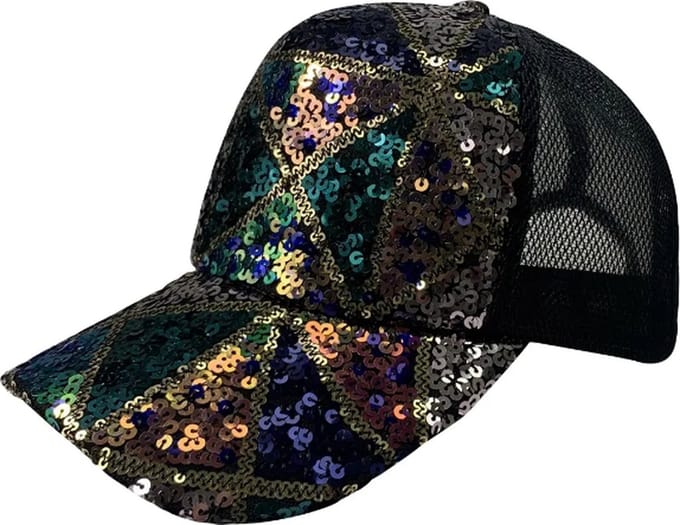Dames Pet - Trucker Cap met Glimmende Pailletten – One size – Zwart/Multi