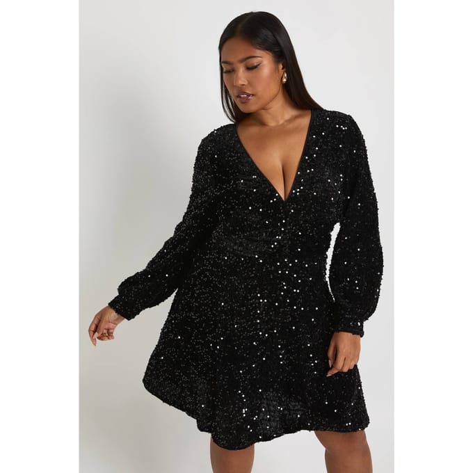 boohoo Dames Plus V-hals fluweel pailletten skaterjurk | Black | Maat: 28