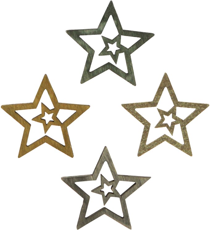 Strooidecoratie kerstster hout 4 kleuren Ø4cm 72 st, 72 Stück