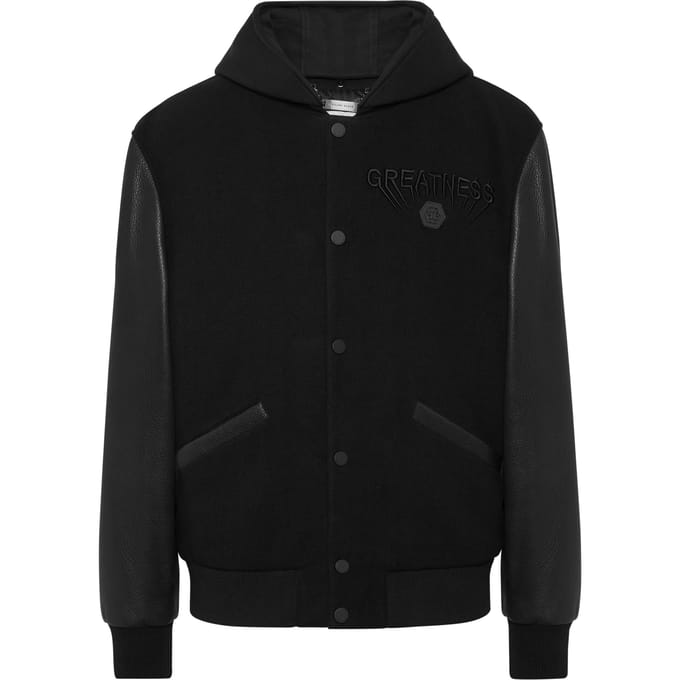 Hooded Varsity Bomber With Leather Sleeves Greatness