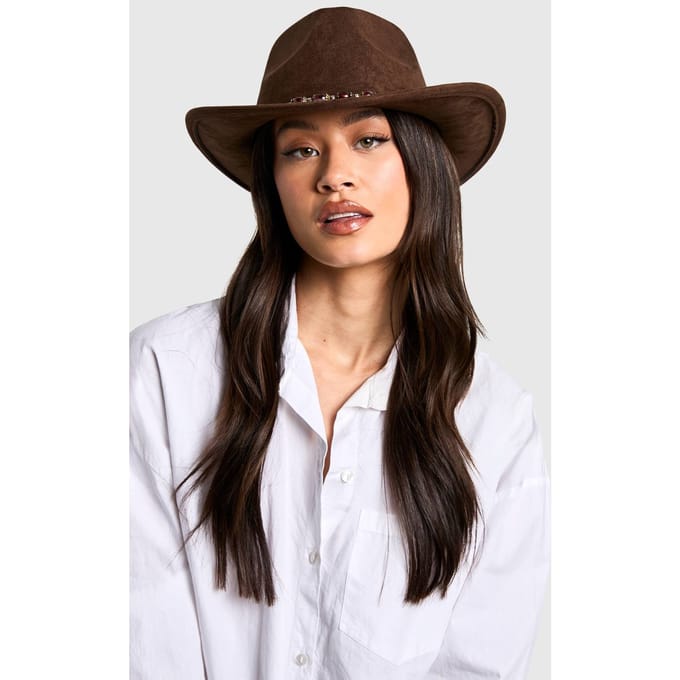 boohoo Dames Riemdetail Western Cowboyhoed | Mokka