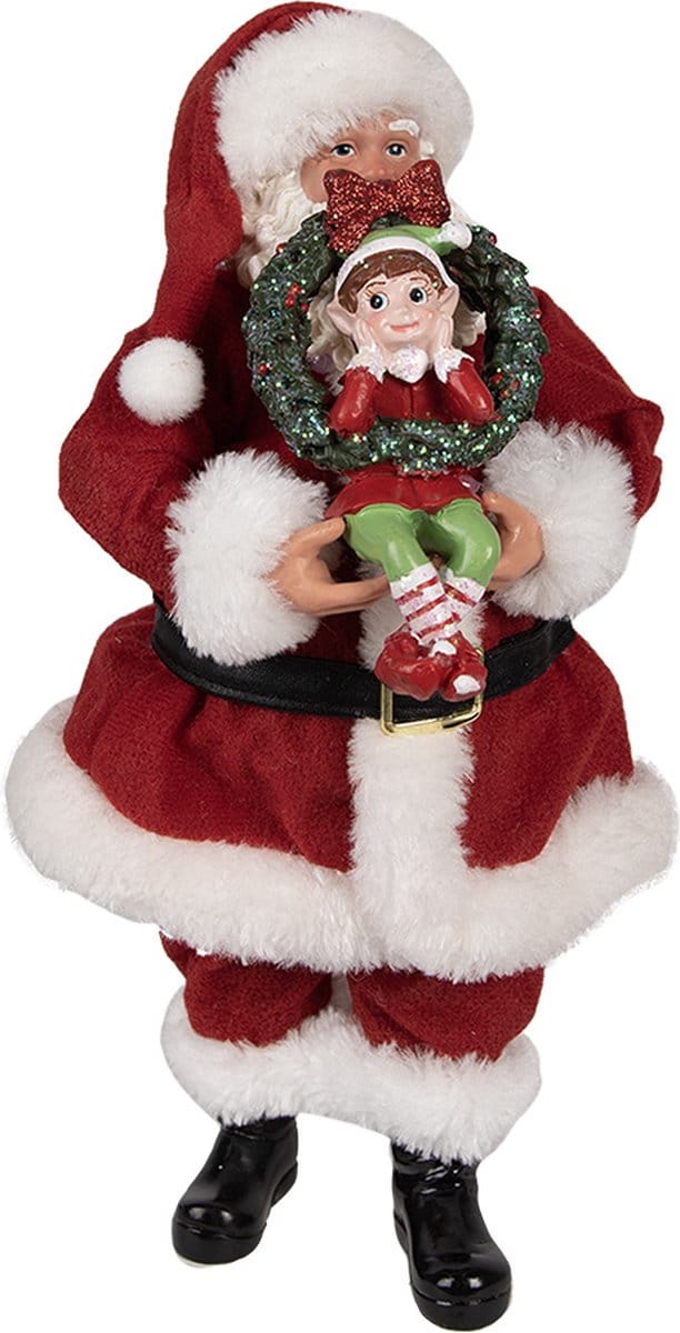 Clayre & Eef Beeld Kerstman 28 cm Rood Textiel op kunststof Beeld Kerstmis