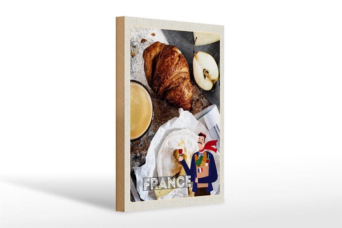Holzschild Reise 20x30cm Frankreich Kaffee Croissant Birne