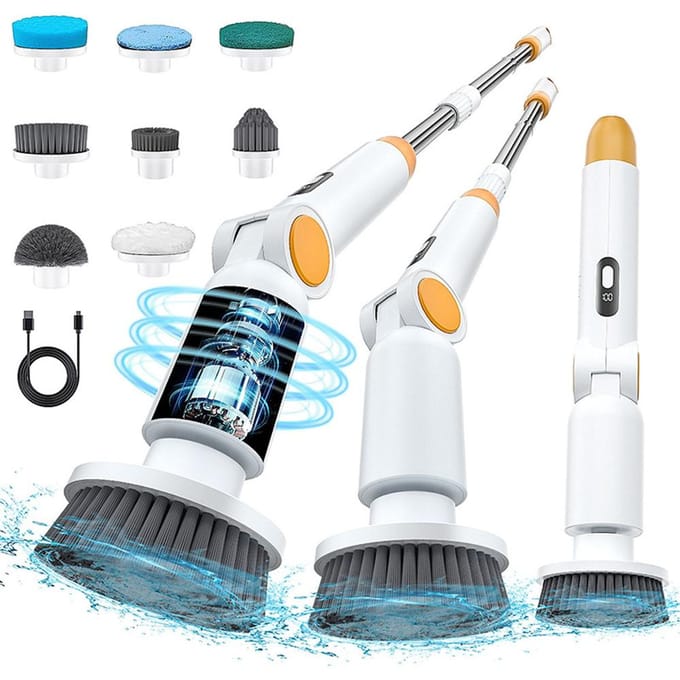 Brosse rotative électrique avec 8 têtes de brosse, brosse de nettoyage sans fil, 3 poignées réglables, IPX7 white