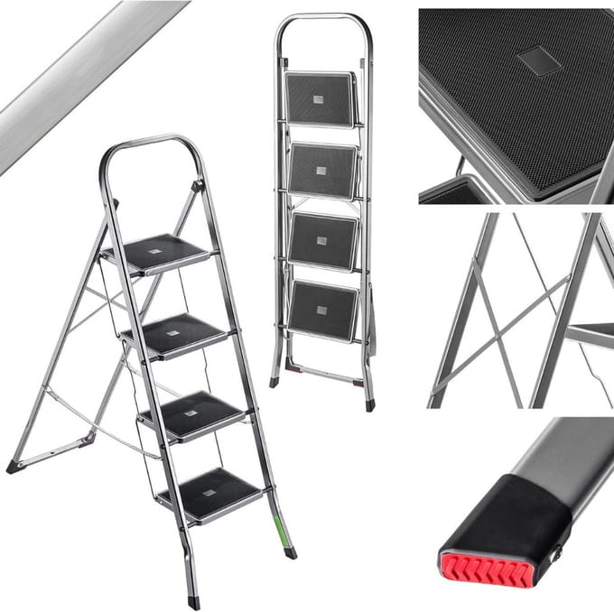 Huishoudtrap 4 Treden - Keukentrap - Inklapbaar - Antislip - Extra Stevig - Zwart