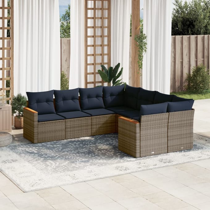 vidaXL - 8-delige - tuinbankset - met - kussens, - grijs - polyrotan