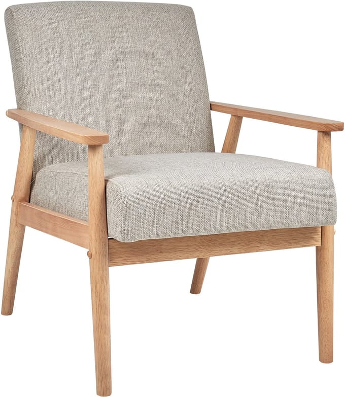 ESRUM - Fauteuil - Grijs/Lichtbruin - Polyester/Rubberhout