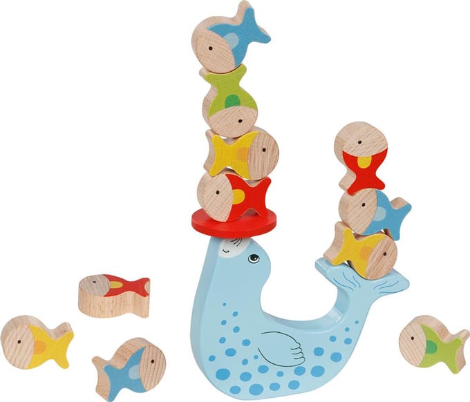 GOKI Balancerende zeehond - Met Visjes - 13,6X11,5X2Cm - Hout - 4 Jaar