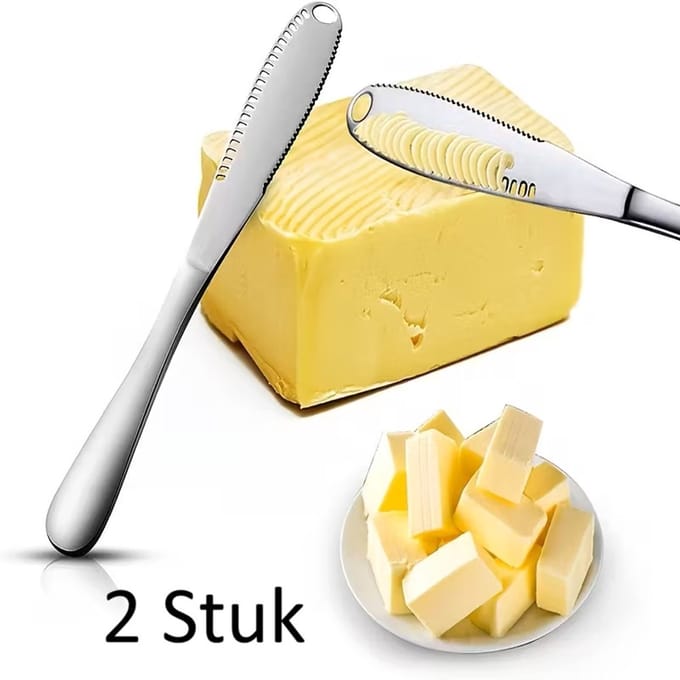 Set van 2 Botermessen met Sleuven – RVS 20,5 cm – Voor Koude Boter, Jam & Kaas – Zilver