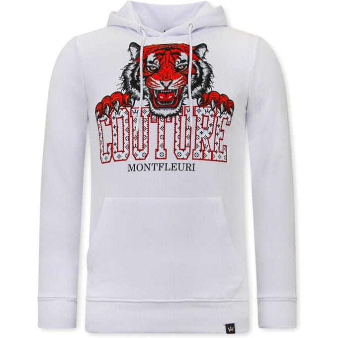 Heren Hoodie met Print - Tiger Head - 3679 - Wit