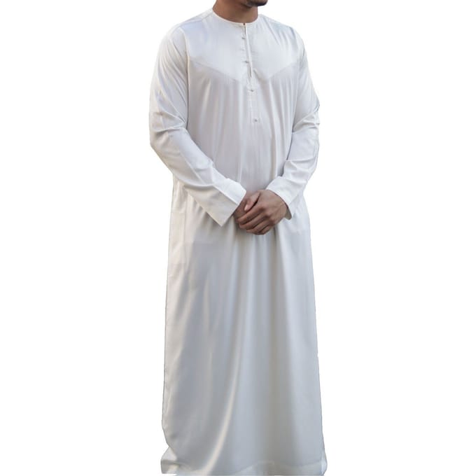 Crèmebeige Thobe-gewaad voor heren, satijn Emirati Islamitische Jubba Eid, normale pasvorm