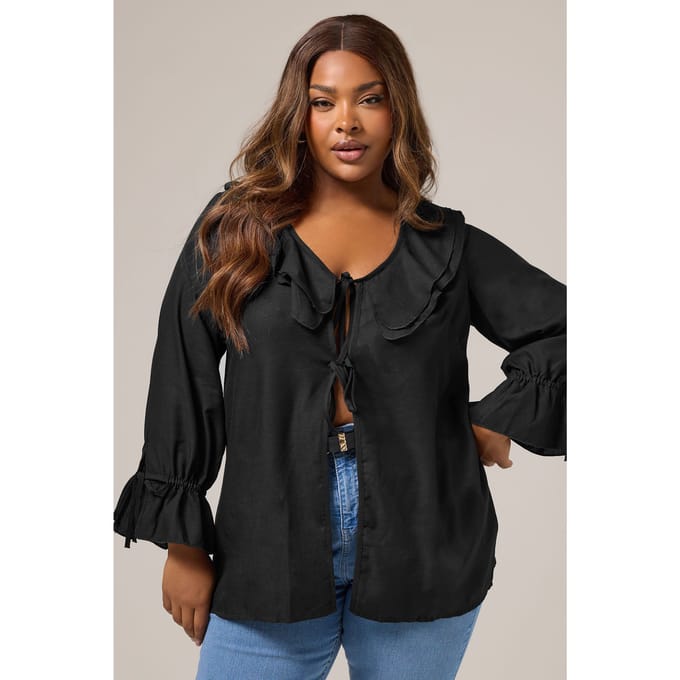 Yours Zwarte Blouse Met Ruches En Strik Aan De Voorkant Size 48