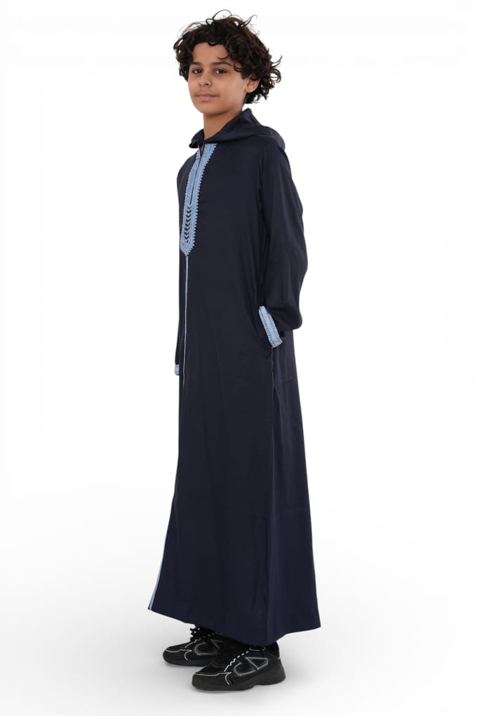 Kinderjongens marineblauwe Eid-jas met capuchon, Marokkaanse Thobe Djellaba Ramadan Jubba - K-HM3