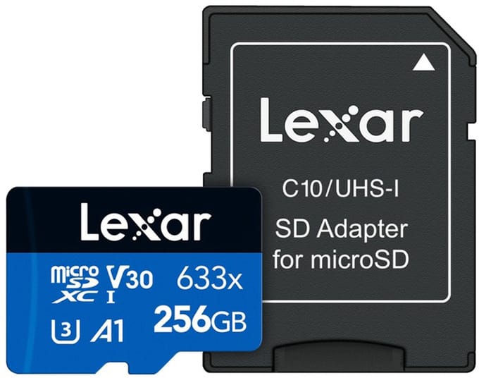 Lexar, microSDXC 256 GB 633x V30 4K 100Mb/s geheugenkaart met SD-adapter, Noir / Bleu