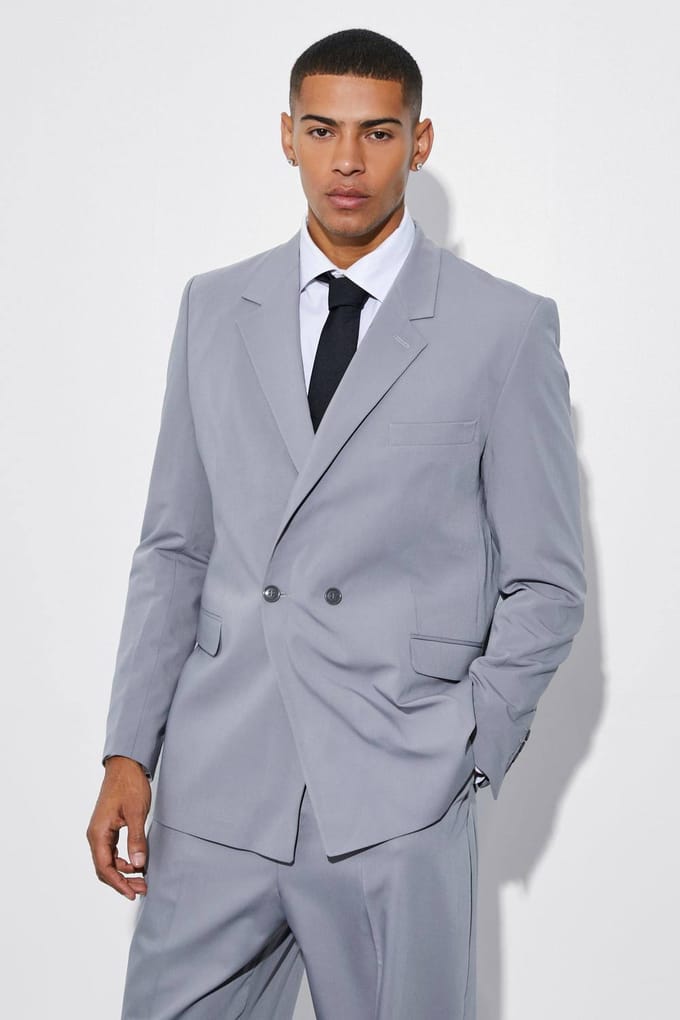 Relaxed Fit Double Breasted Suit Jacket | Grey | Size 48